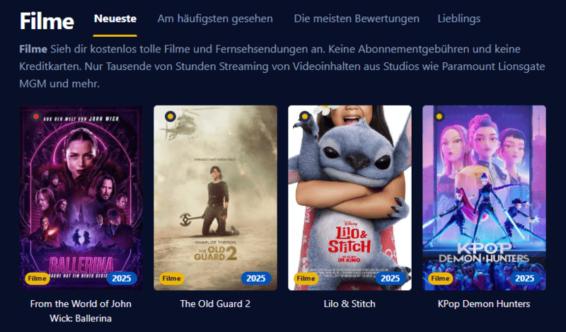 Screenshot der Filmpalast Benutzeroberfl&auml;che die verschiedene Filmtitel und Serienepisoden anzeigt
